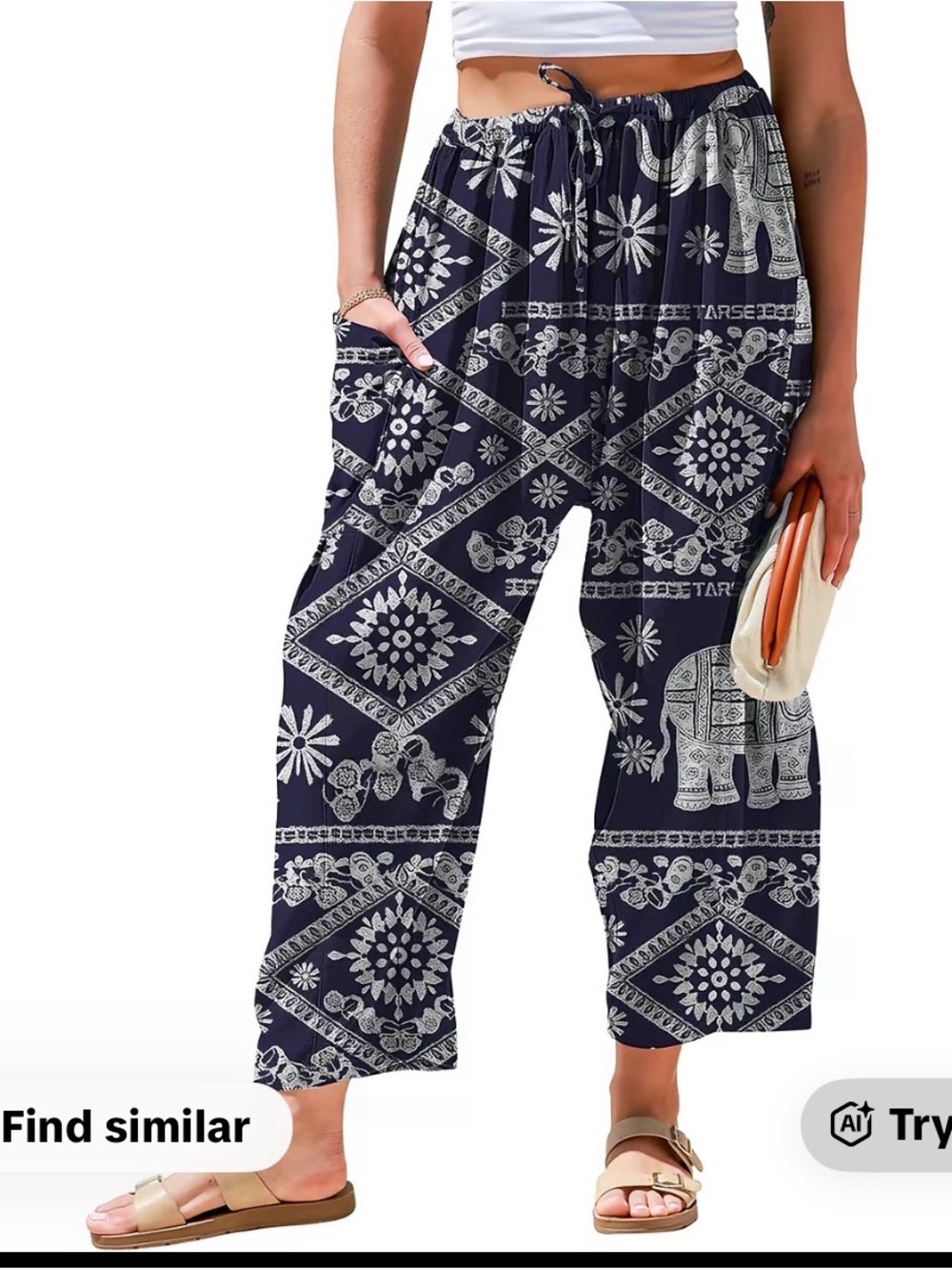 Boho Elephant Print Wide-Leg Pants - Navy